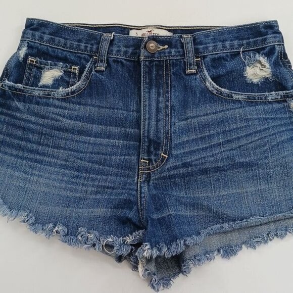 Hollister Denim Shorts Womens Size 5 Blue Distressed Frayed Hem High Rise Casual - Picture 3 of 6